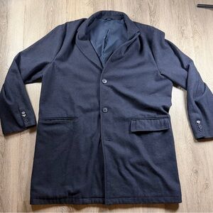 Wool Top Coat Mens 2XL Blue Single Breasted Lined Overcoat Classic Winter Button